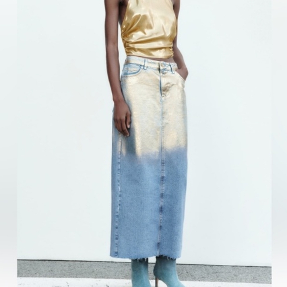 ◇ Zara Z1975 High Rise Gold Metallic Denim Midi Skirt Size Small